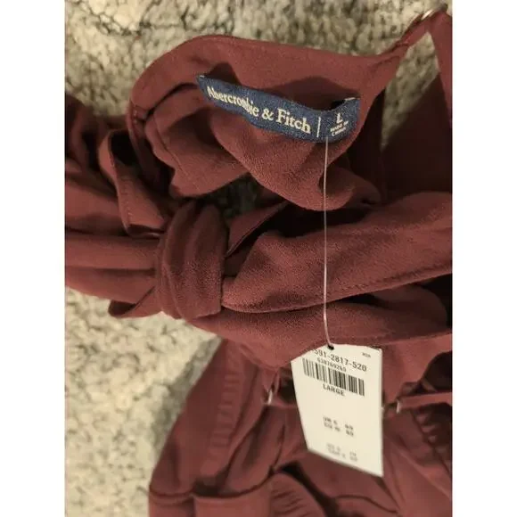 Abercrombie & Fitch Back Bow Tie Jumpsuit Burgundy Women's L Preppy Beach (973) - Picture 4 of 6